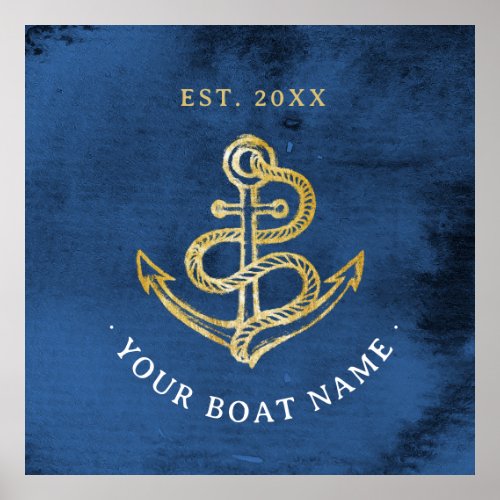 Navy Blue Watercolor Anchor Nautical Add Boat Name Poster
