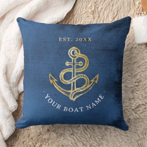 Navy Blue Watercolor Anchor Nautical Add Boat Name Throw Pillow
