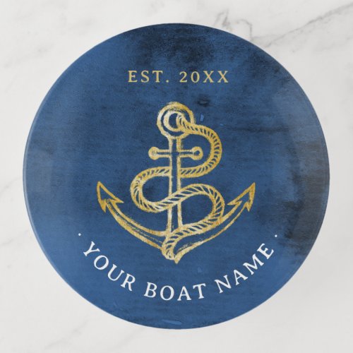 Navy Blue Watercolor Anchor Nautical Add Boat Name Trinket Tray