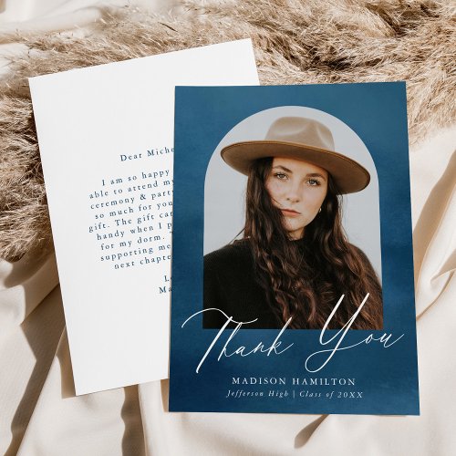 Navy Blue Watercolor Arch Photo Graduation Thank You Card