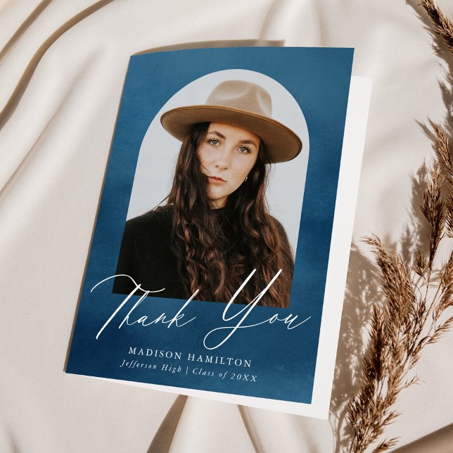 Navy Blue Watercolor Arch Photo Graduation Thank You Card (Creator Uploaded)