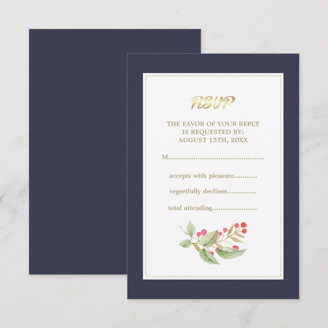 Navy Blue Watercolor Berry Branch RSVP Card (Front/Back)