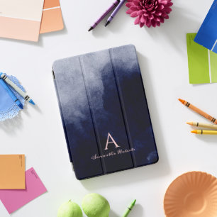 Navy Blue Watercolor Blush Pink Script Monogram iPad Pro Cover