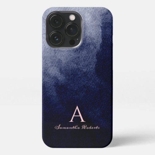  Navy Blue Watercolor Blush Pink Script Monogram iPhone 13 Pro Case