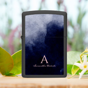 Navy Blue Watercolor Blush Pink Script Monogram Zippo Lighter