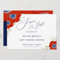 Navy Blue Watercolor Botanical Anemone Wedding Save The Date