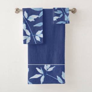 Navy Blue Watercolor Botanical Bath Towel Set