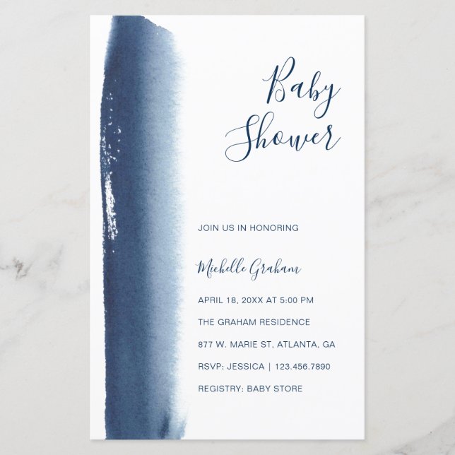 Navy Blue Watercolor Boy Baby Shower Invitation (Front)