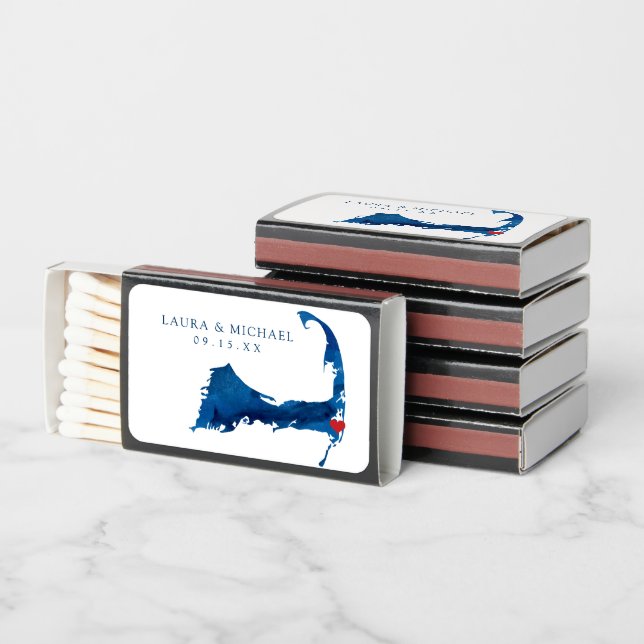 Navy Blue Watercolor Cape Cod Map Wedding Matchboxes (Stacked)