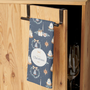 Navy Blue Watercolor Christmas Kitchen Towel 