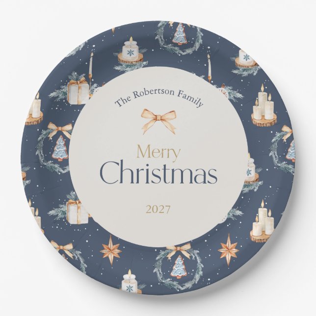 Navy Blue Watercolor Christmas Paper Plates (Front)