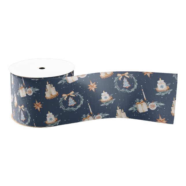 Navy Blue Watercolor Christmas Ribbon (Spool)