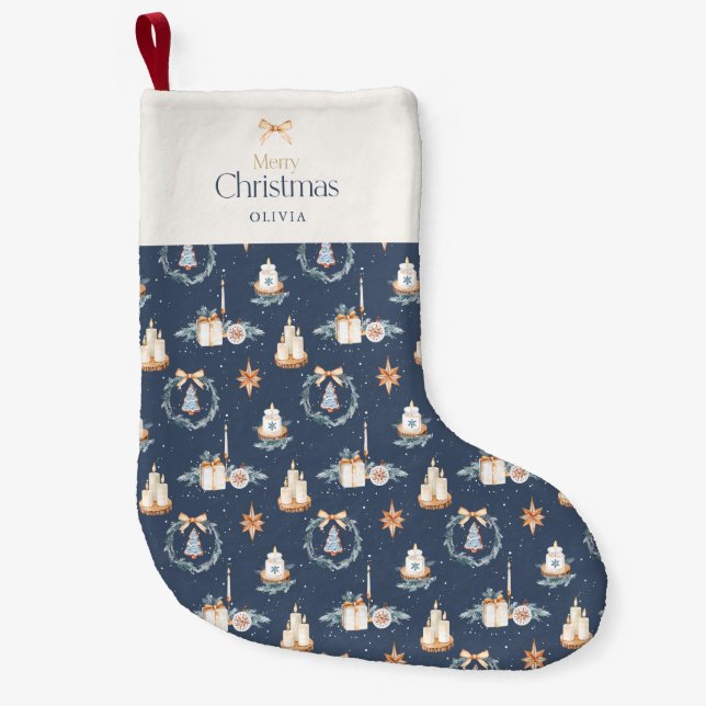 Navy Blue Watercolor Christmas Stocking (Front)