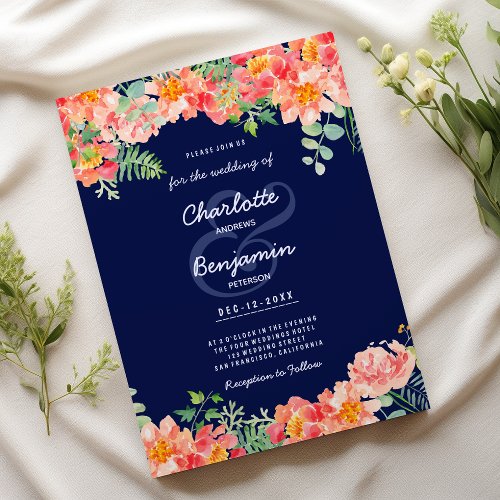 Navy blue watercolor coral pink Botanical Wedding Invitation