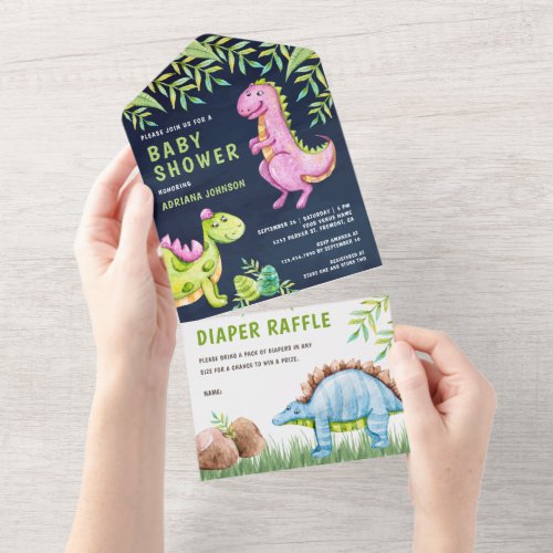 Navy Blue Watercolor Cute Dinosaurs Baby Shower All In One Invitation