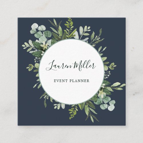 Navy Blue  Watercolor Eucalyptus Greenery Wreath Square Business Card