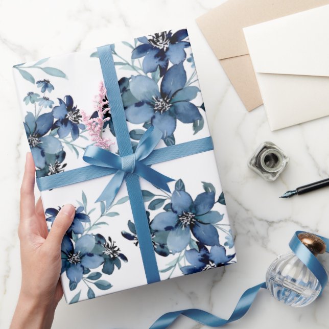 Navy Blue Watercolor Flora Pattern Wrapping Paper (Gifting)