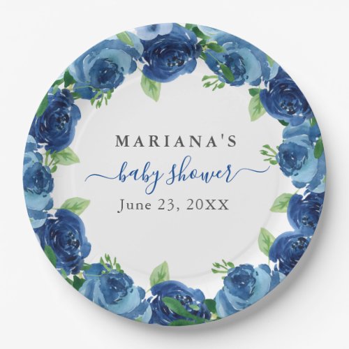 Navy Blue Watercolor Floral Boy Baby Shower Paper Plates