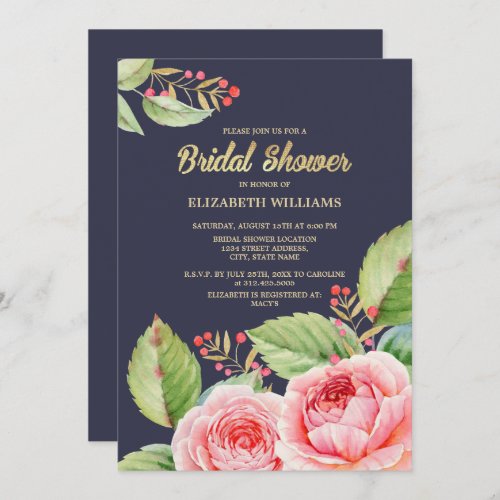 Navy Blue Watercolor Floral Bridal Shower Invitation