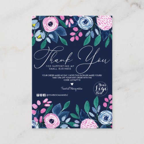 Navy Blue Watercolor Floral Customer Thank You Business Card
