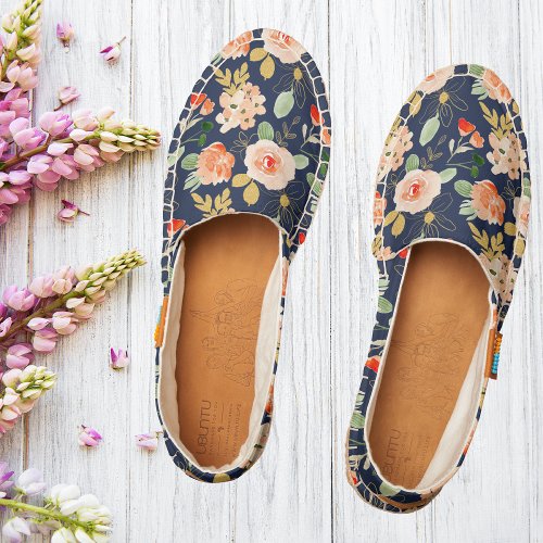 Navy Blue Watercolor Floral Gold Glitter Pattern Espadrilles