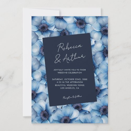 Navy Blue Watercolor Floral Modern Dark Wedding Invitation