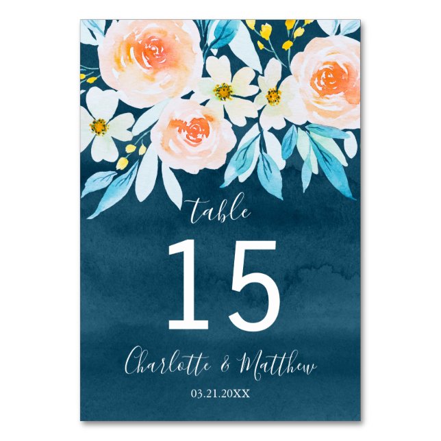 Navy Blue Watercolor Floral Personalized Wedding Table Number (Front)