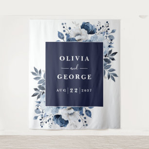Navy Blue Watercolor Floral Photo Booth Backdrop