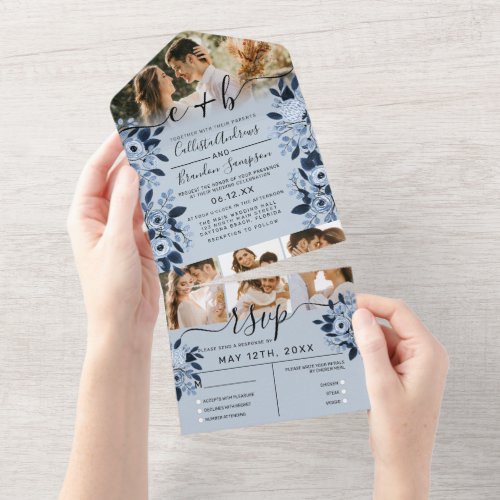 Navy Blue Watercolor Floral Photo Wedding RSVP All All In One Invitation