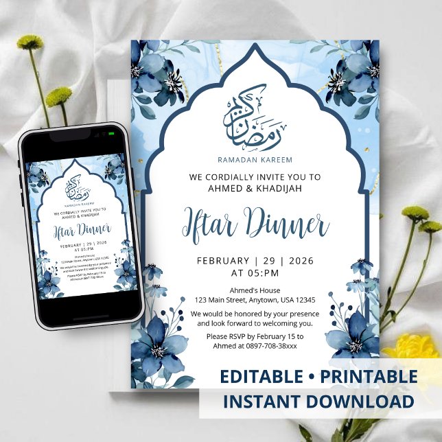 Navy Blue Watercolor Floral Ramadan Iftar Dinner Invitation (Creator Uploaded)