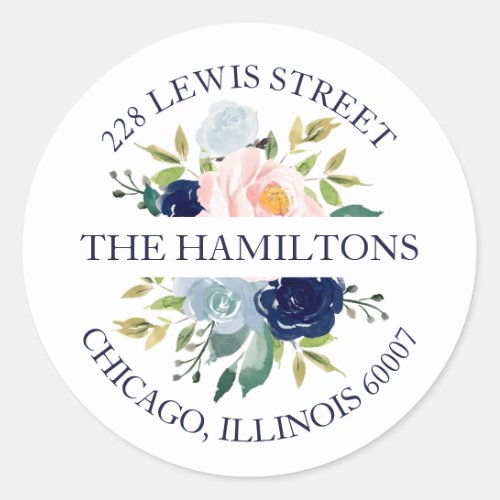 Navy Blue Watercolor Floral Return Address Classic Round Sticker