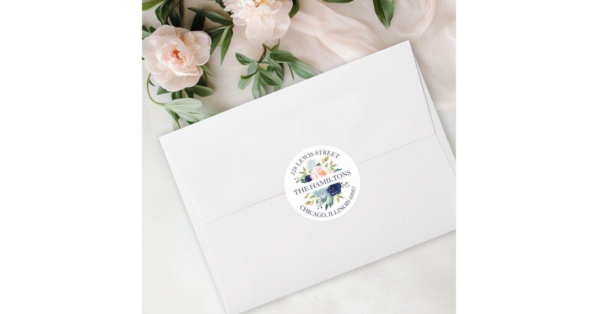 Navy Blue Watercolor Floral Return Address Classic Round Sticker | Zazzle