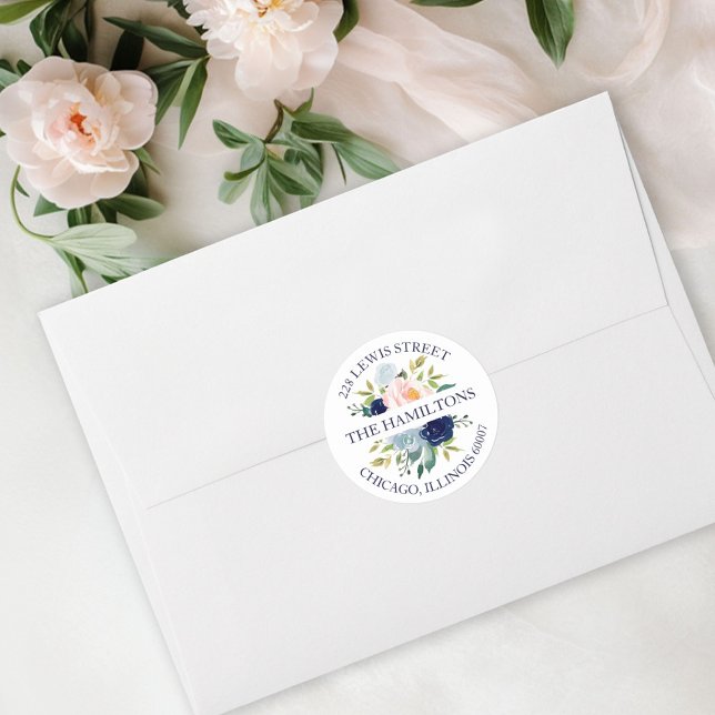 Navy Blue Watercolor Floral Return Address Classic Round Sticker (Creator Uploaded)