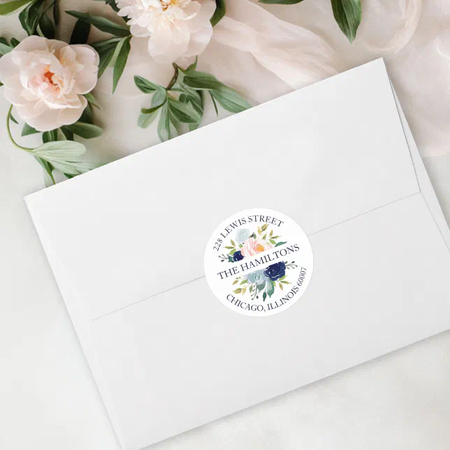 Navy Blue Watercolor Floral Return Address Classic Round Sticker | Zazzle