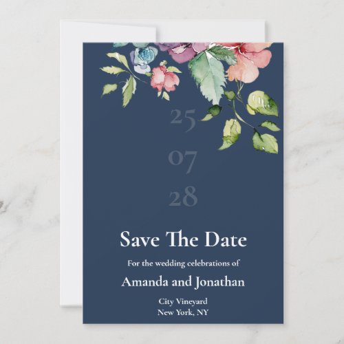 Navy Blue Watercolor Floral Save the Date Card