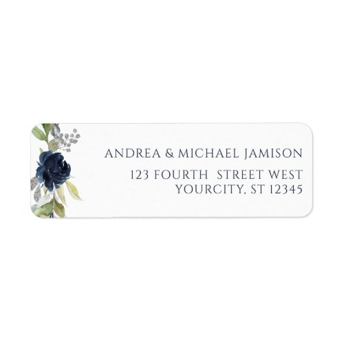 Navy Blue Watercolor Floral Wedding Address Label