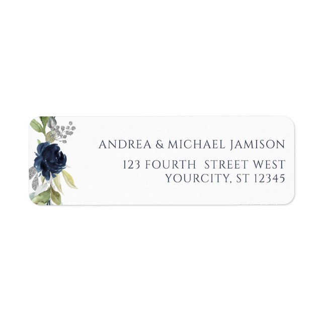 Navy Blue Watercolor Floral Wedding Address Label (Front)
