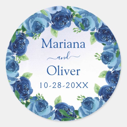 Navy Blue Watercolor Floral Wedding Classic Round  Classic Round Sticker