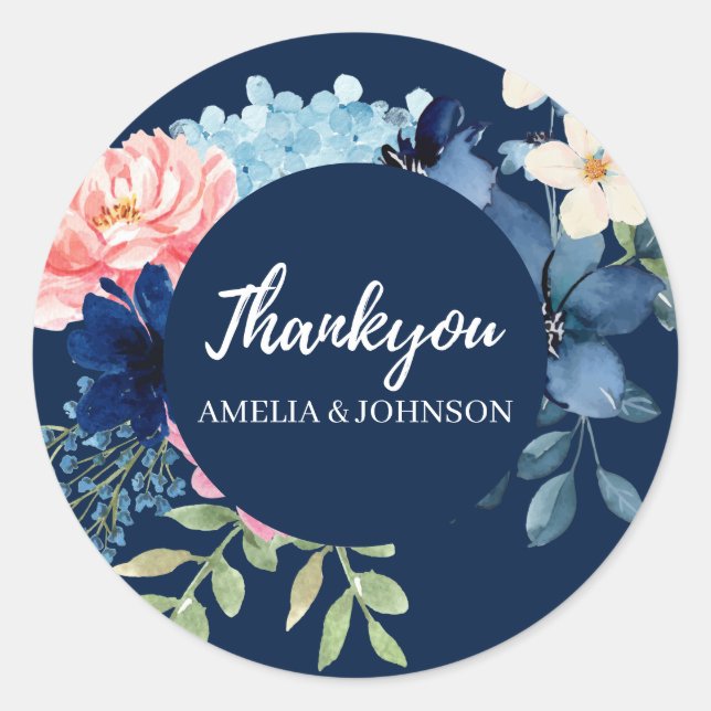 Navy blue watercolor floral wedding classic round sticker (Front)