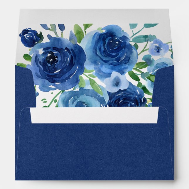 Navy Blue Watercolor Floral Wedding Envelope (Back (Bottom))