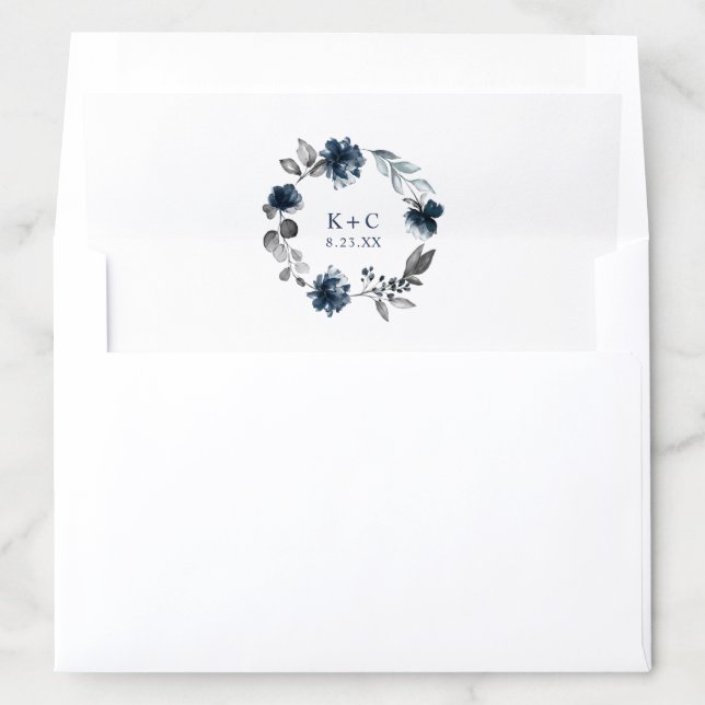 Navy Blue Watercolor Floral Wedding Envelope Liner (In Envelope)