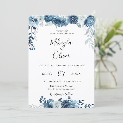 Navy Blue Watercolor Floral Wedding Invitation | Zazzle