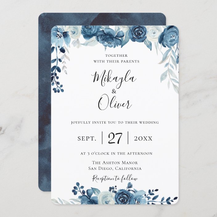 Flowers Calligraphy Navy Blue Watercolor Floral Wedding Invitation Suite Maura Suite ranunculus peonies Greenery