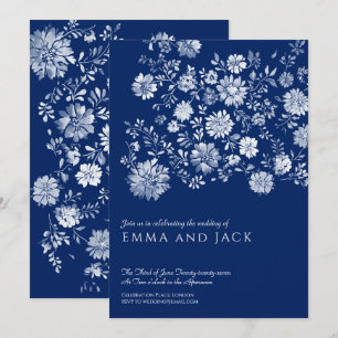 Navy Blue Watercolor Floral Wedding Invitation