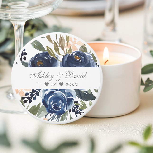 Navy Blue Watercolor Floral Wedding Mini Candle Favors (Creator Uploaded)