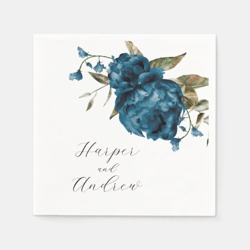 Navy Blue Watercolor Floral Wedding Napkins