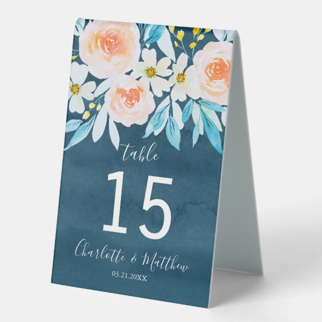 Navy Blue Watercolor Floral Wedding Number Table Tent (Front)