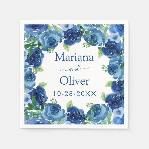 Navy Blue Watercolor Floral Wedding Paper Napkins