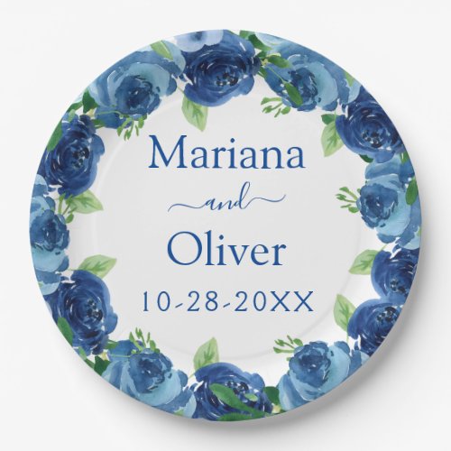 Navy Blue Watercolor Floral Wedding Paper Plate