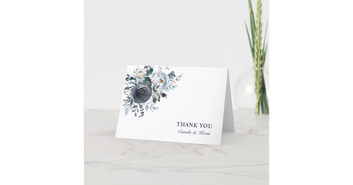Navy Blue Watercolor Floral Wedding | PHOTO Thank You Card | Zazzle